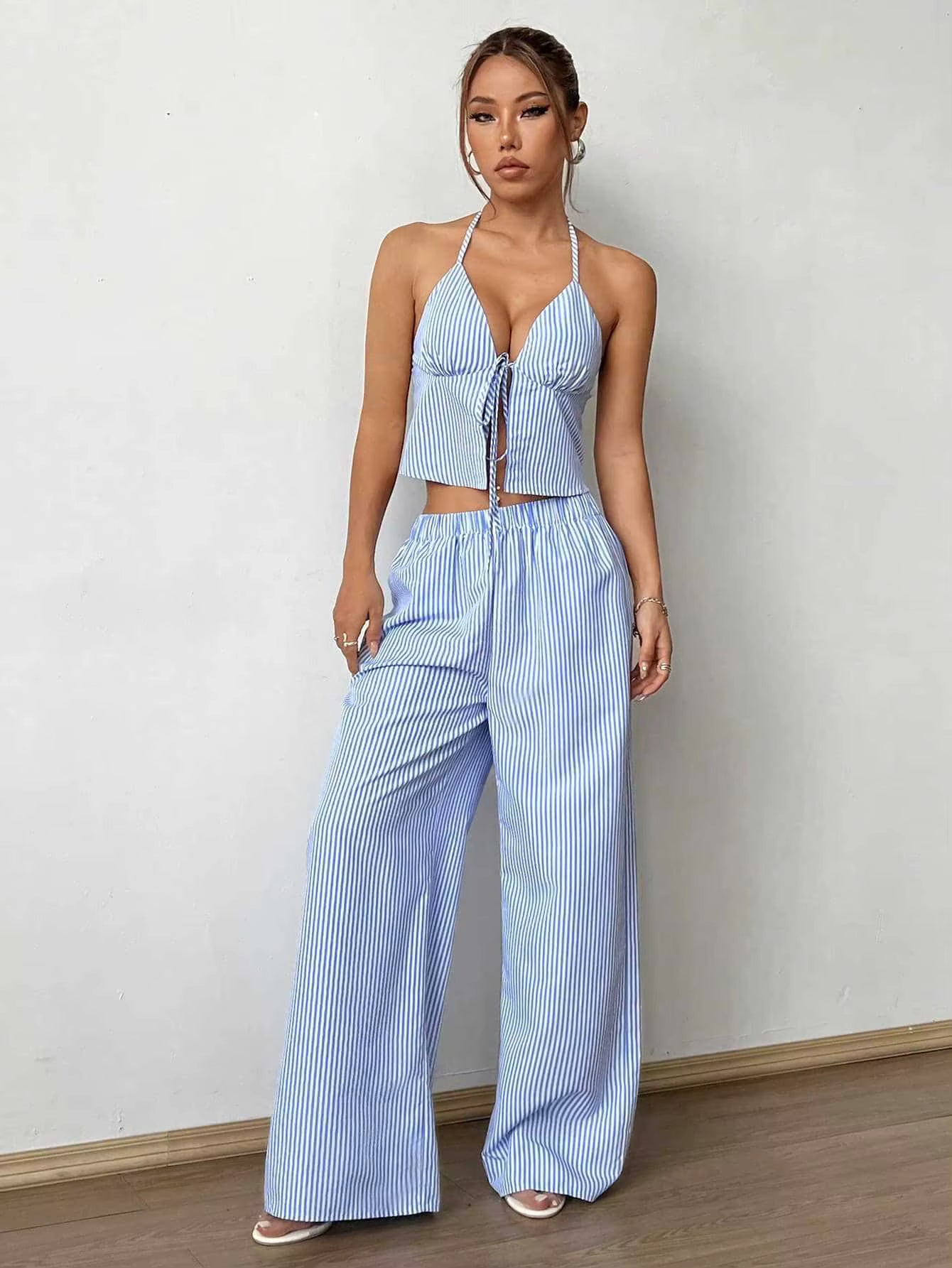 Gabriela | Conjunto de top y pantalón fluido de rayas mediterráneas