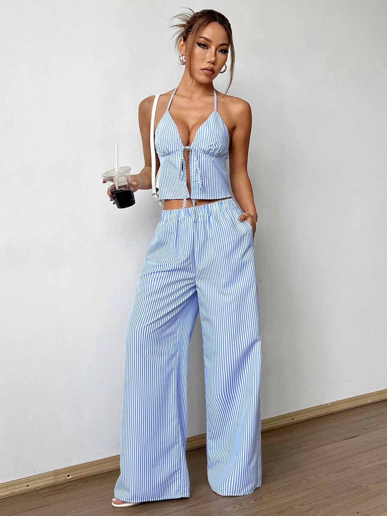Gabriela | Conjunto de top y pantalón fluido de rayas mediterráneas